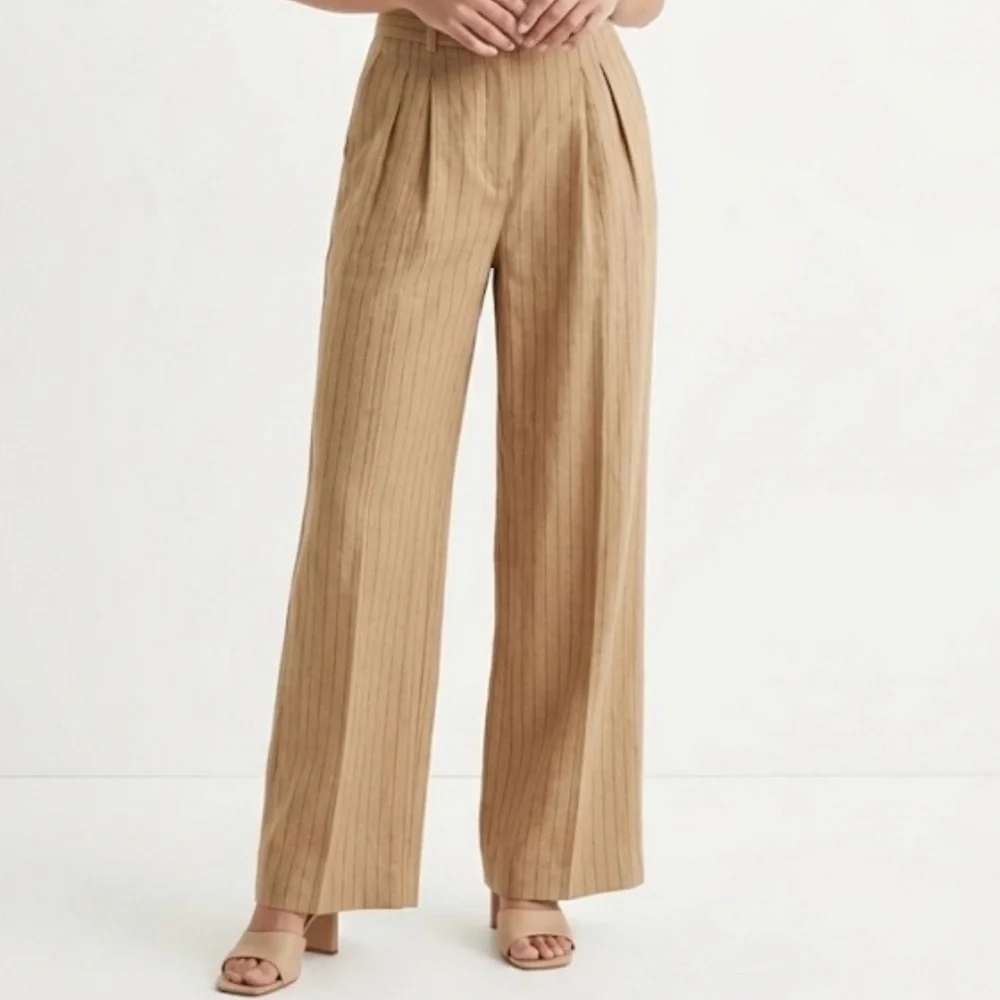 Linen-Blend Zara High-Waisted Pinstripe Wide Leg Pants Size Medium